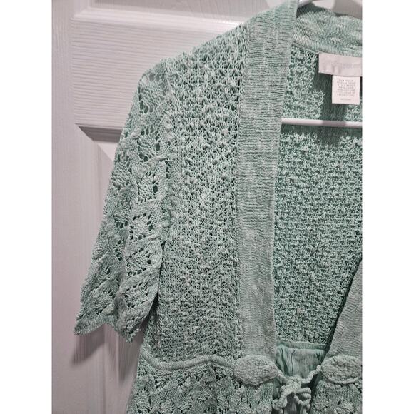Soft Surroundings Pastel Green Teal Short Sleeve Cardigan Sweater Size M Crochet - Picture 3 of 12
